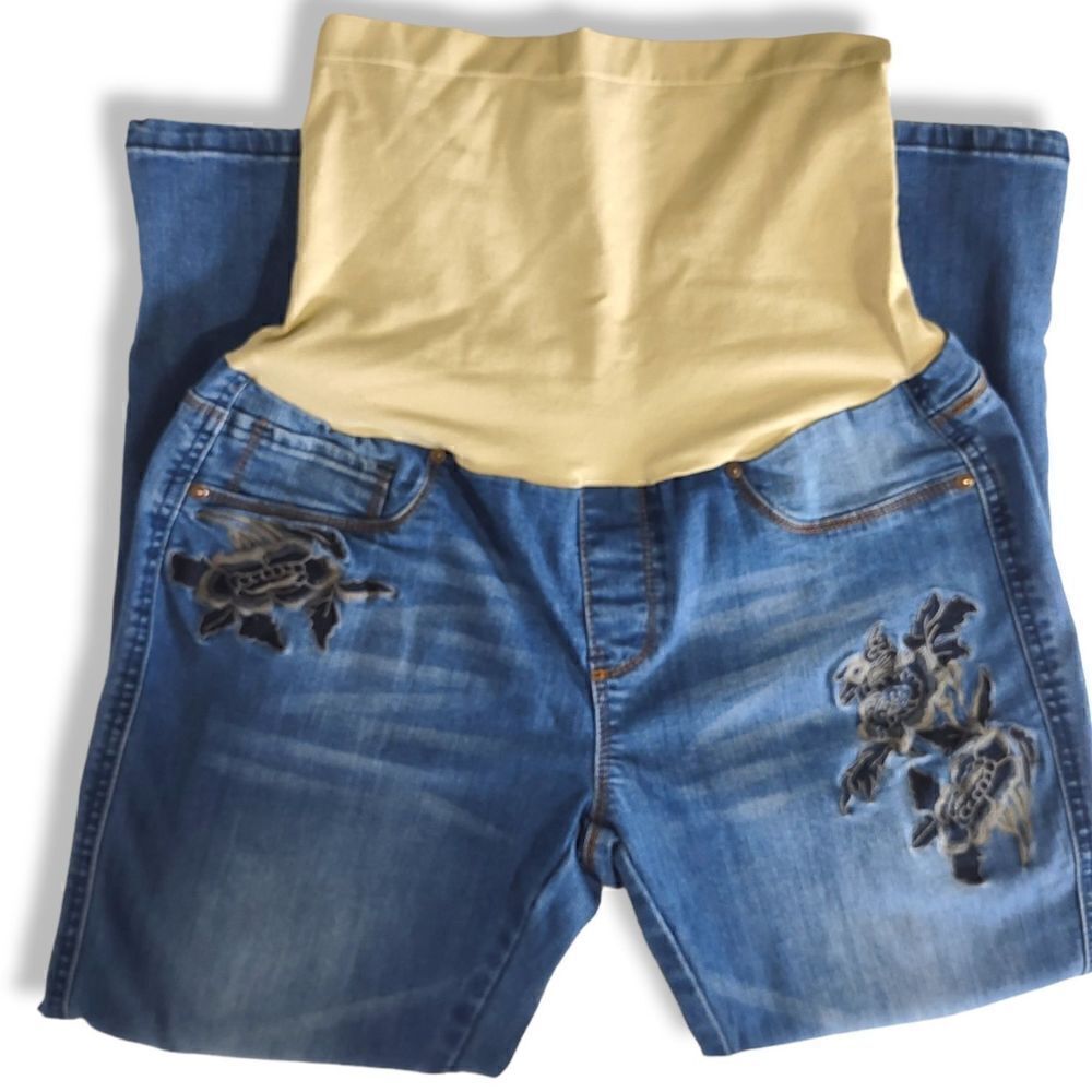 Bella‎ Vida Maternity Jeans Blue Distressed Floral Applique Pockets Full Elastic